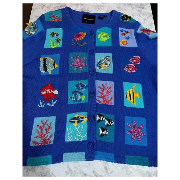 VTG Michael Simon y2k Ocean Aquarium Wearable Art Cardigan Sweater 2X Blue Fish - Picture 4 of 13
